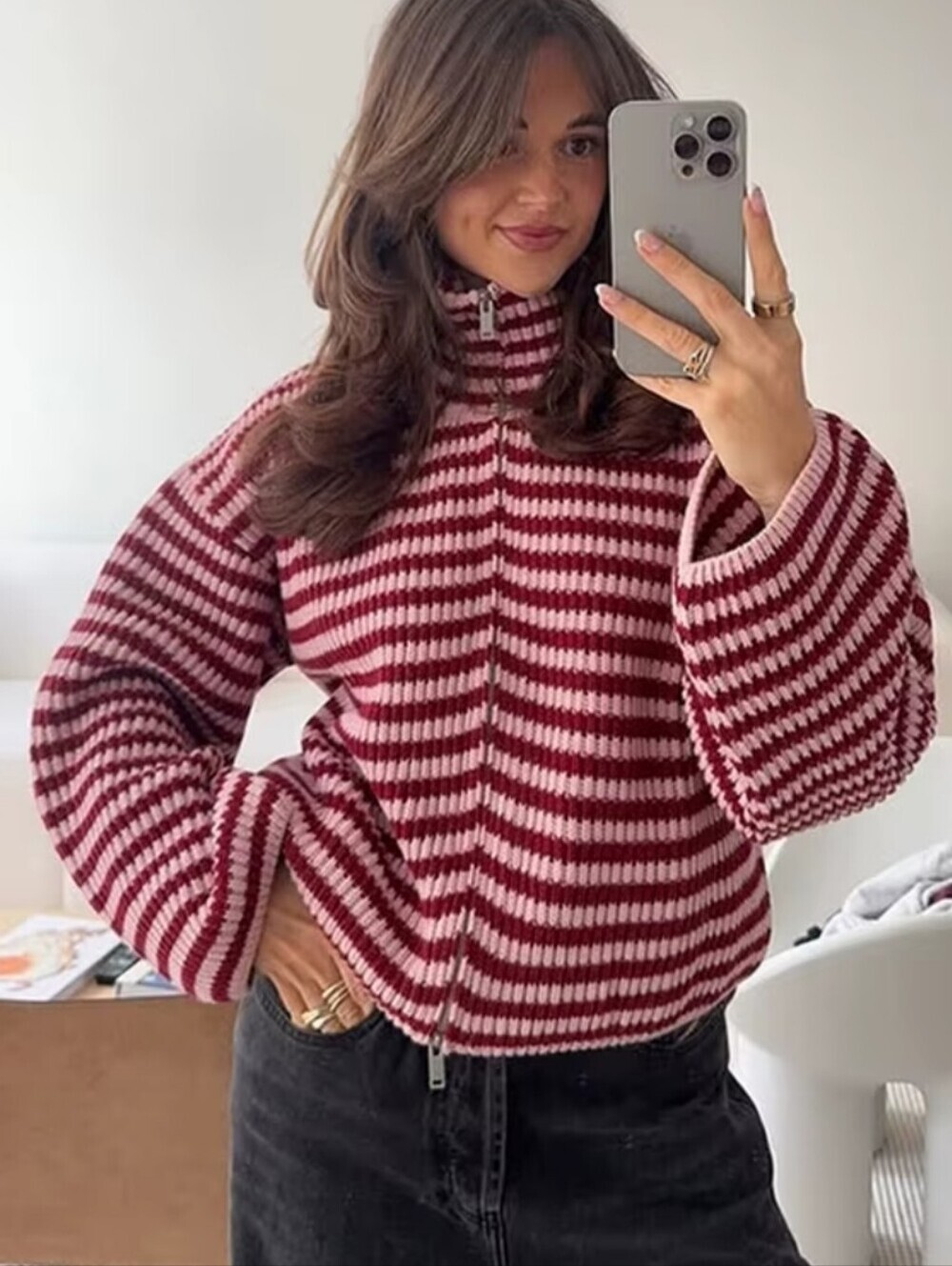 Loose Striped Women's Knit Cardigan Double Zipper Long Sleeve Stand Collar Femal